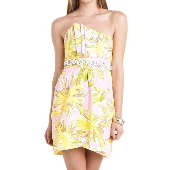 Lilly Pulitzer Crystal Skipping on Sunshine Yellow Pink Beaded Strapless Dress 4 - Picture 1 of 9